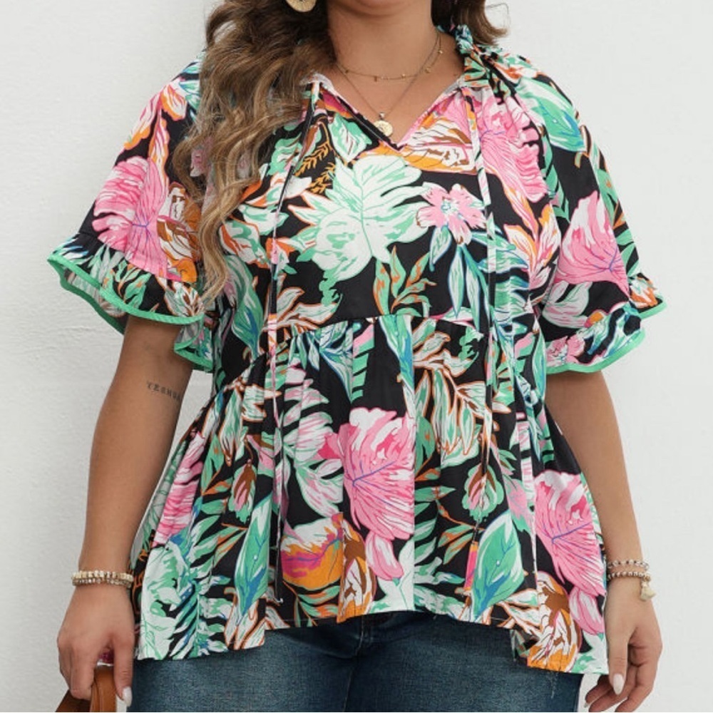 Tropical Print Ruffled Sleeve Flowy Top